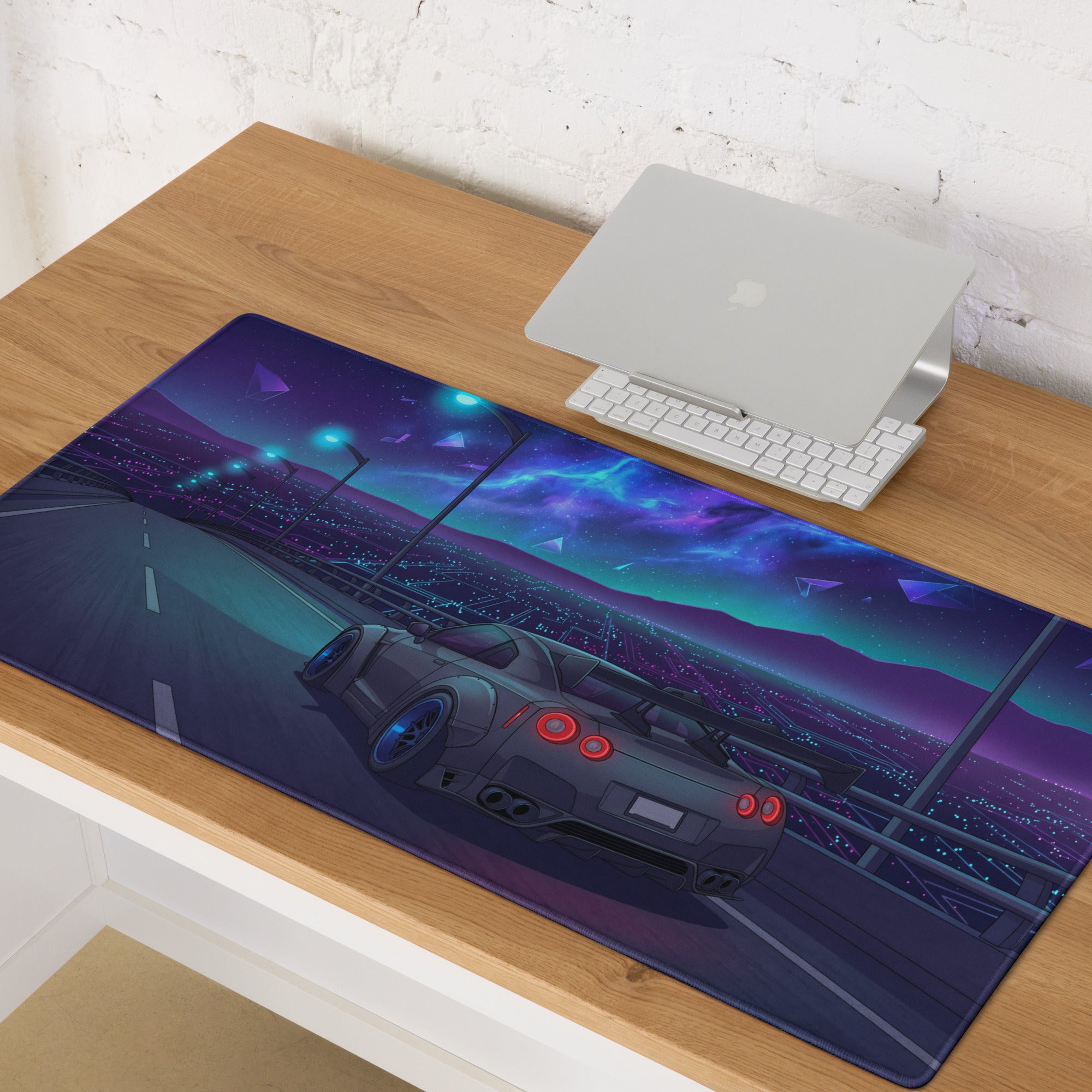 Nissan GT-R R35 Inspired Gray Blue Vaporwave Gaming Mouse Pad – Neon Cosmic Highway Desk Mat with Futuristic Anime JDM Motorsport Art