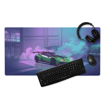 Lamborghini Huracán STO Inspired Green Vaporwave Gaming Mouse Pad – Neon Cyberpunk Garage Desk Mat with Futuristic Anime Motorsport Art