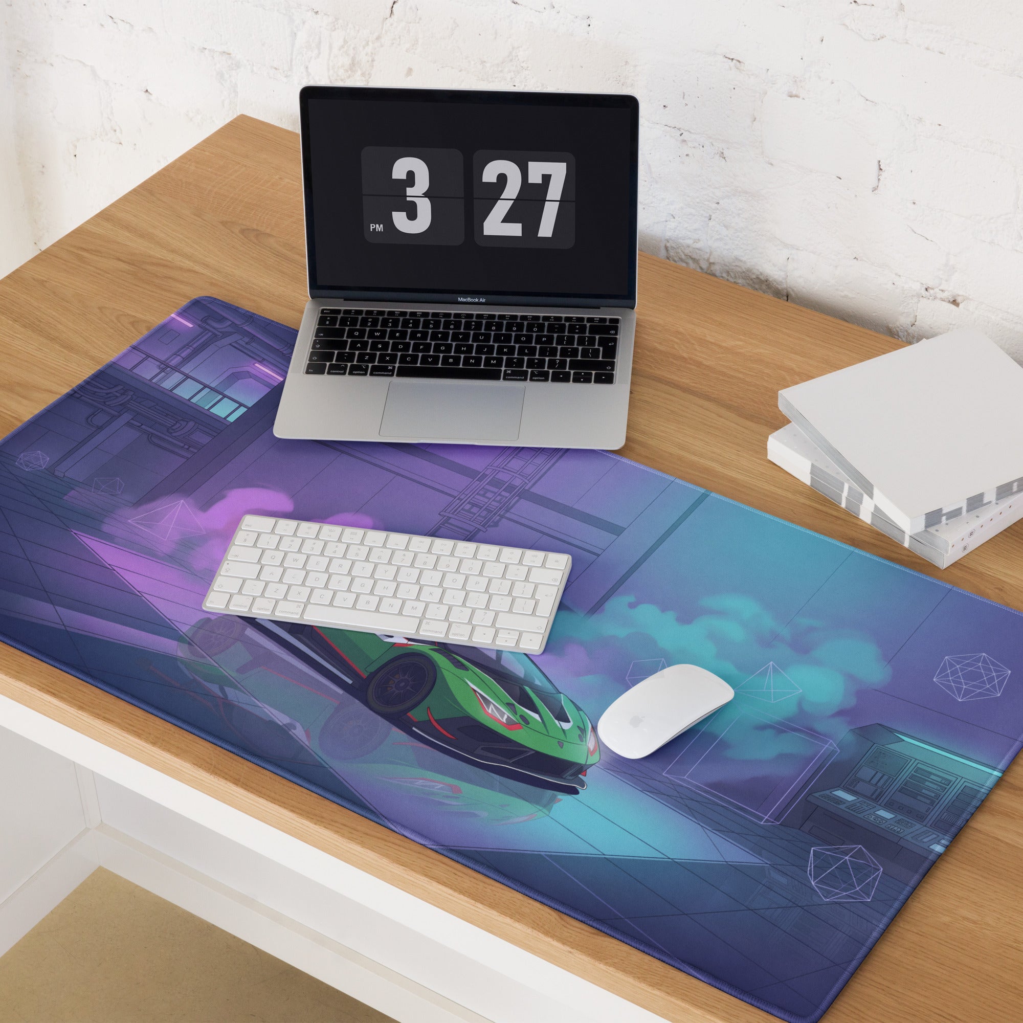 Lamborghini Huracán STO Inspired Green Vaporwave Gaming Mouse Pad – Neon Cyberpunk Garage Desk Mat with Futuristic Anime Motorsport Art