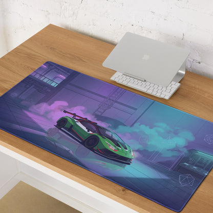 Lamborghini Huracán STO Inspired Green Vaporwave Gaming Mouse Pad – Neon Cyberpunk Garage Desk Mat with Futuristic Anime Motorsport Art