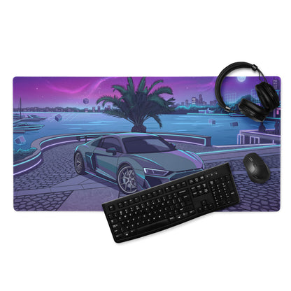 Audi R8 Inspired Silver Cyan Vaporwave Gaming Mouse Pad – Neon Waterfront Supercar Desk Mat with Retro Futuristic Night City Artwork