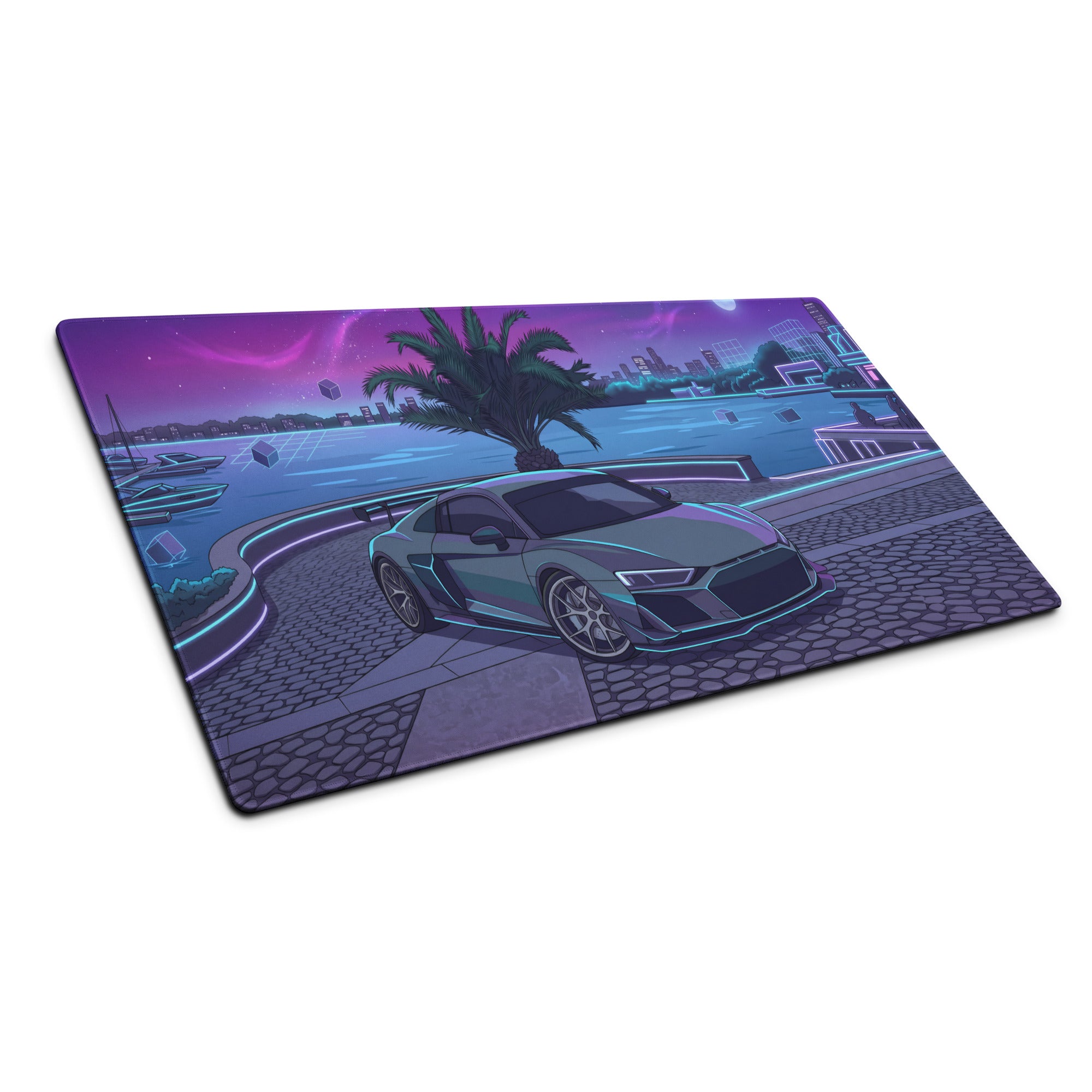 Audi R8 Inspired Silver Cyan Vaporwave Gaming Mouse Pad – Neon Waterfront Supercar Desk Mat with Retro Futuristic Night City Artwork