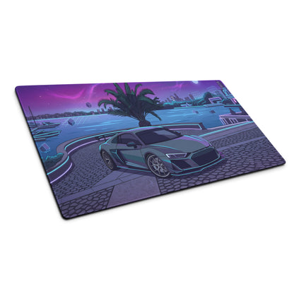 Audi R8 Inspired Silver Cyan Vaporwave Gaming Mouse Pad – Neon Waterfront Supercar Desk Mat with Retro Futuristic Night City Artwork