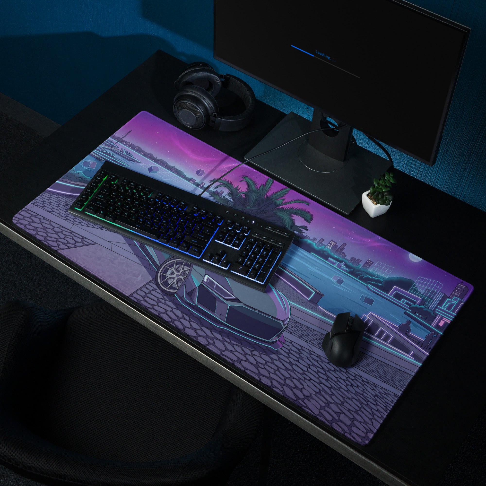 Audi R8 Inspired Silver Cyan Vaporwave Gaming Mouse Pad – Neon Waterfront Supercar Desk Mat with Retro Futuristic Night City Artwork