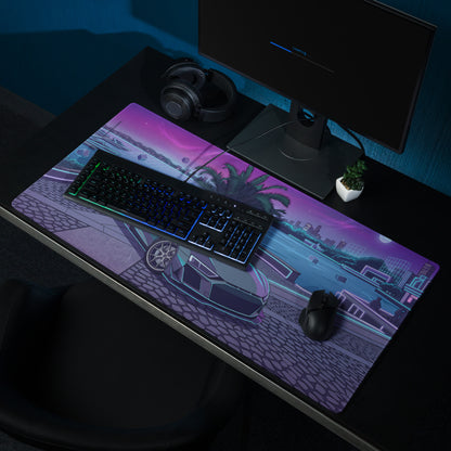 Audi R8 Inspired Silver Cyan Vaporwave Gaming Mouse Pad – Neon Waterfront Supercar Desk Mat with Retro Futuristic Night City Artwork