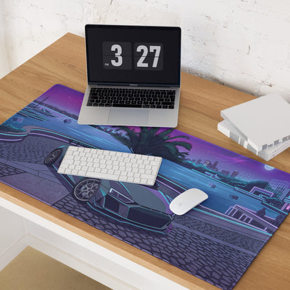 Audi R8 Inspired Silver Cyan Vaporwave Gaming Mouse Pad – Neon Waterfront Supercar Desk Mat with Retro Futuristic Night City Artwork