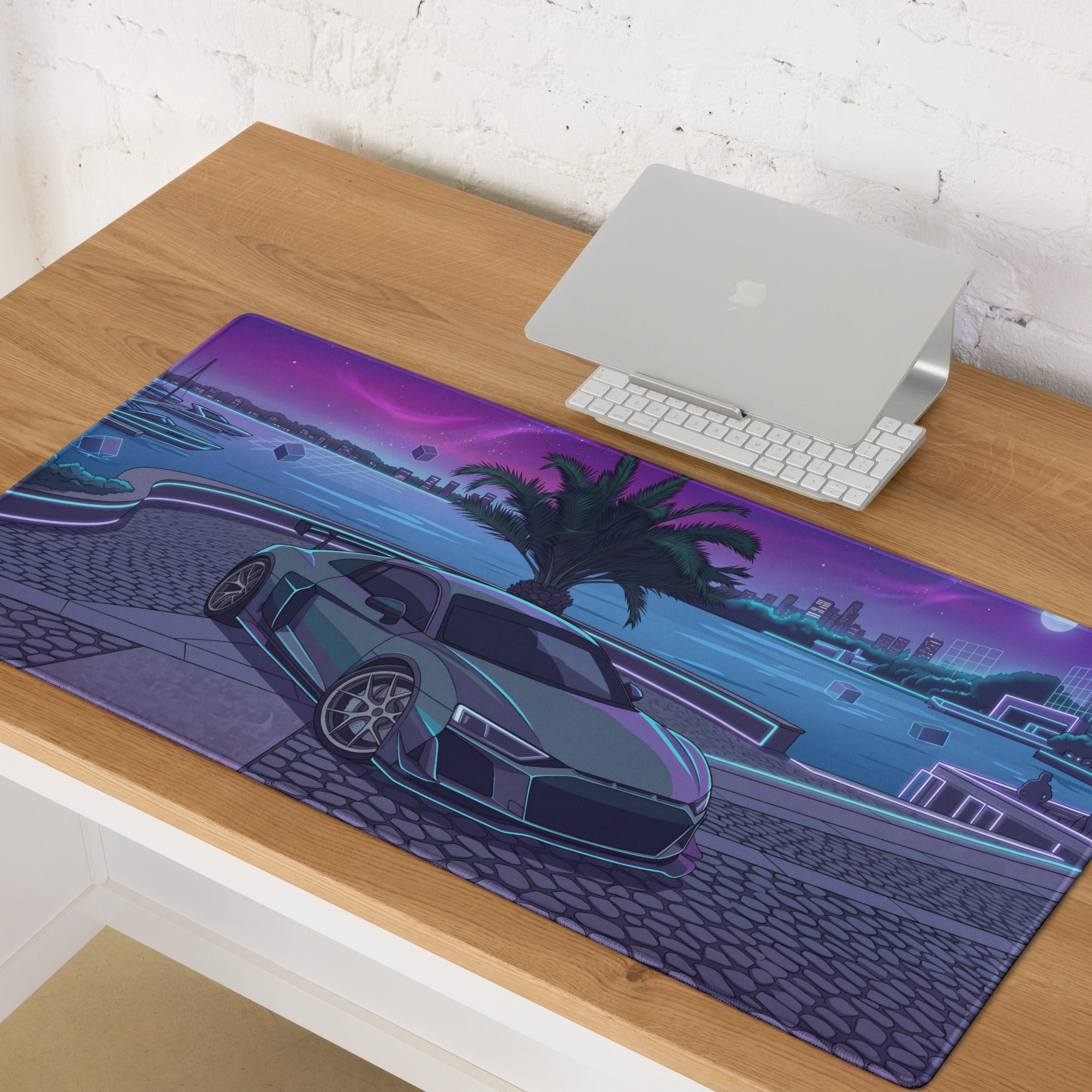 Audi R8 Inspired Silver Cyan Vaporwave Gaming Mouse Pad – Neon Waterfront Supercar Desk Mat with Retro Futuristic Night City Artwork