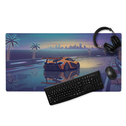 McLaren P1 GTR Inspired Orange Blue Vaporwave Gaming Mouse Pad – Rainy Neon Racetrack Desk Mat with Retro Futuristic Synthwave Supercar Artwork