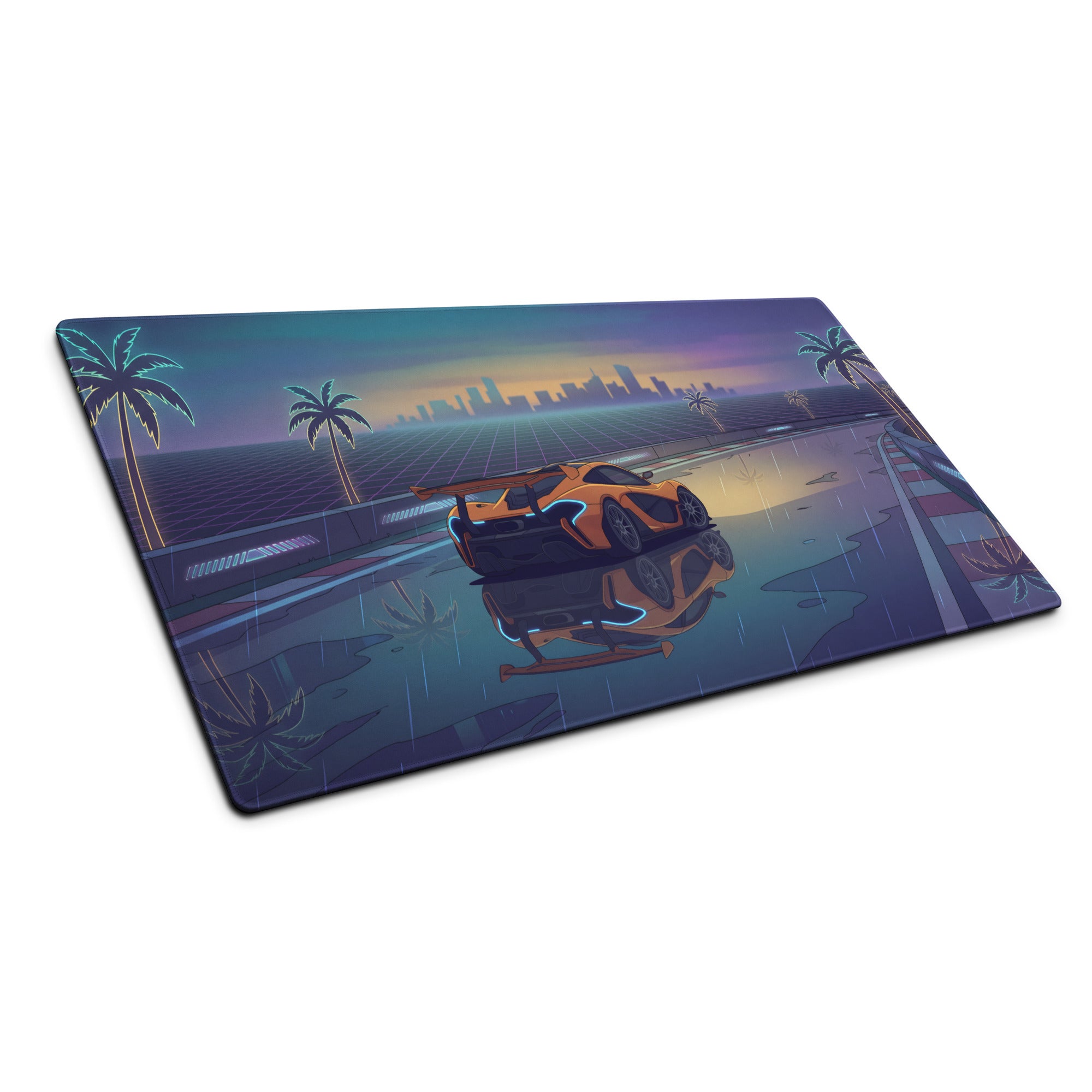 McLaren P1 GTR Inspired Orange Blue Vaporwave Gaming Mouse Pad – Rainy Neon Racetrack Desk Mat with Retro Futuristic Synthwave Supercar Artwork