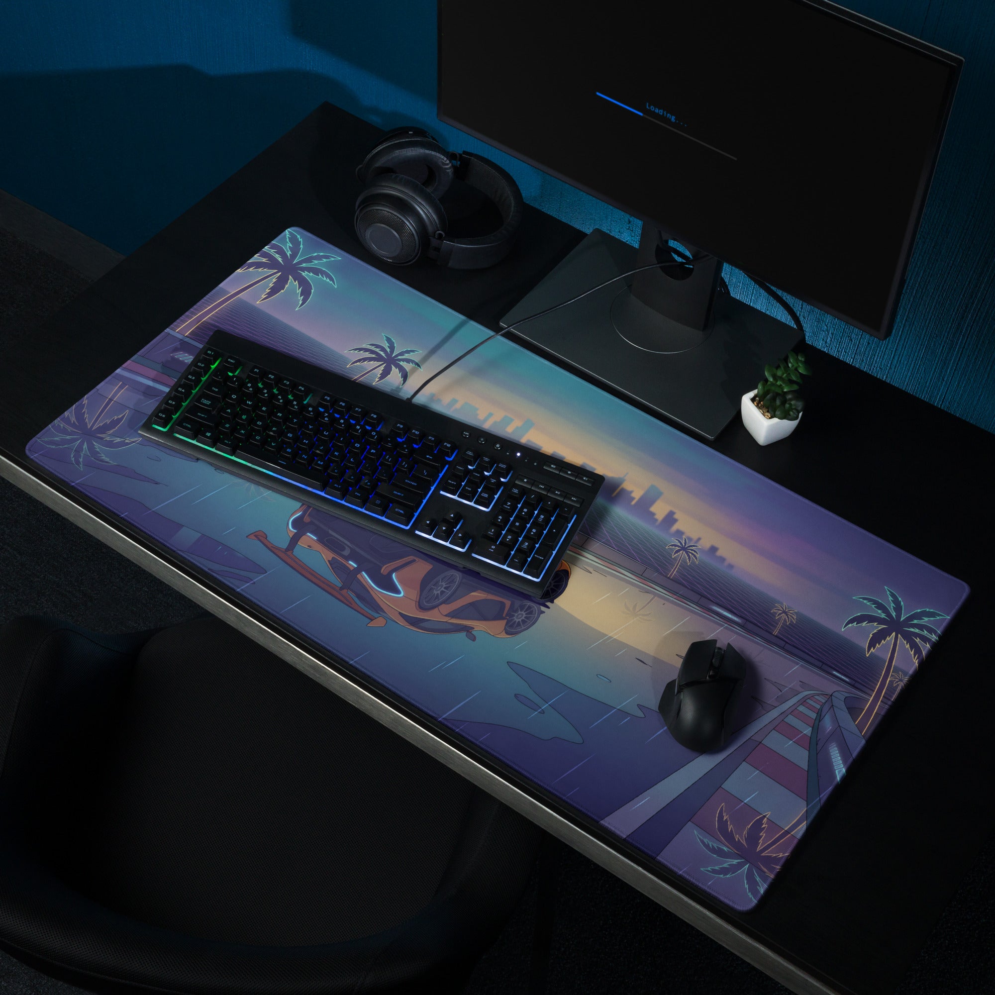 McLaren P1 GTR Inspired Orange Blue Vaporwave Gaming Mouse Pad – Rainy Neon Racetrack Desk Mat with Retro Futuristic Synthwave Supercar Artwork