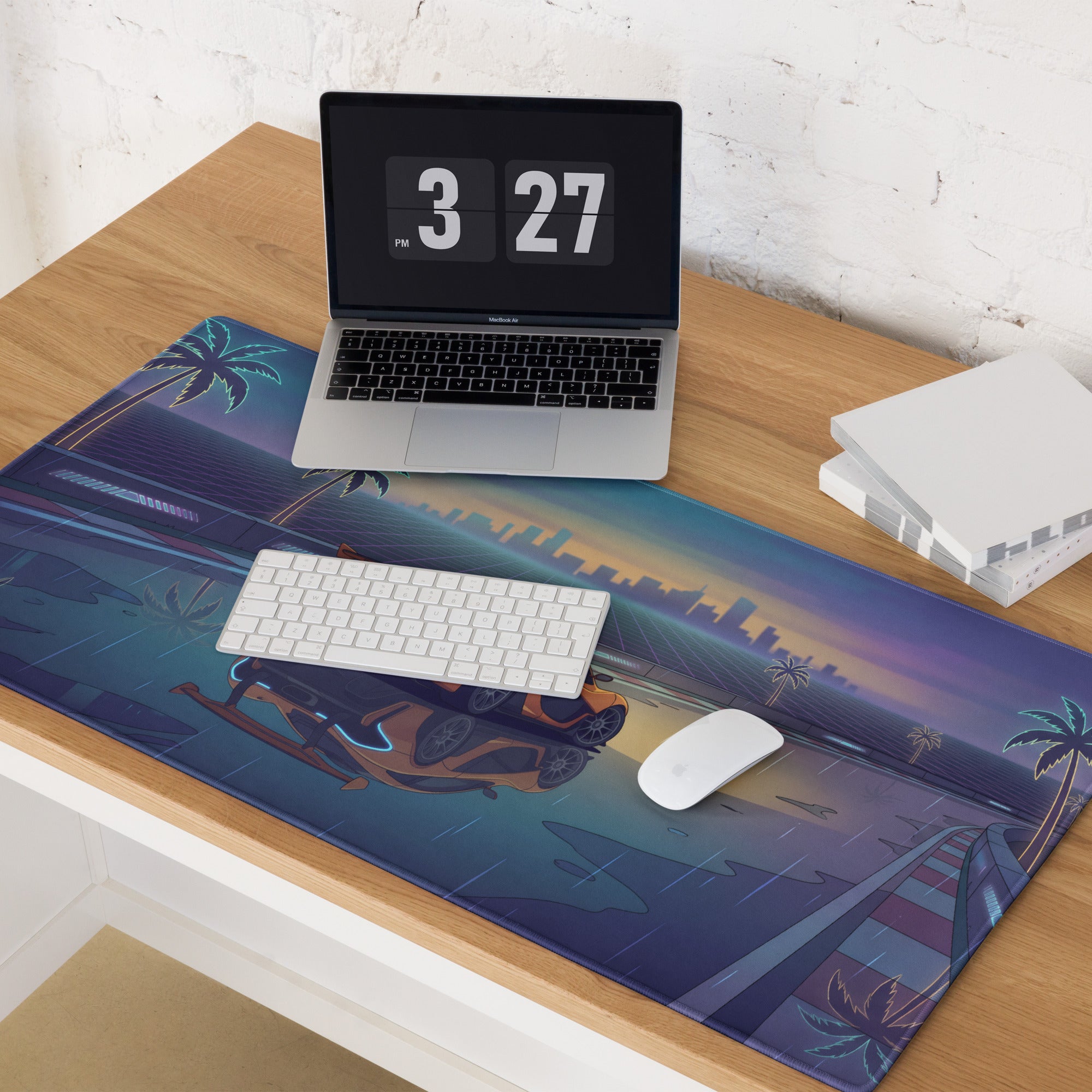 McLaren P1 GTR Inspired Orange Blue Vaporwave Gaming Mouse Pad – Rainy Neon Racetrack Desk Mat with Retro Futuristic Synthwave Supercar Artwork