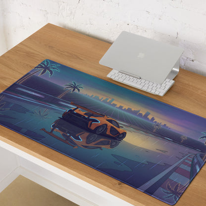 McLaren P1 GTR Inspired Orange Blue Vaporwave Gaming Mouse Pad – Rainy Neon Racetrack Desk Mat with Retro Futuristic Synthwave Supercar Artwork