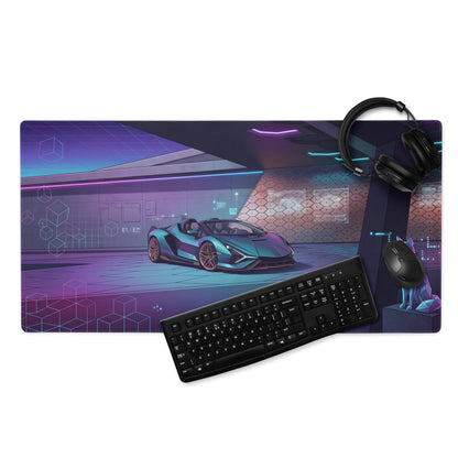 Lamborghini Sián Roadster Inspired Blue Purple Vaporwave Gaming Mouse Pad – Neon Futuristic Supercar Showroom Desk Mat with Synthwave Digital Artwork