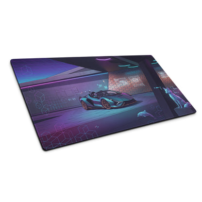 Lamborghini Sián Roadster Inspired Blue Purple Vaporwave Gaming Mouse Pad – Neon Futuristic Supercar Showroom Desk Mat with Synthwave Digital Artwork