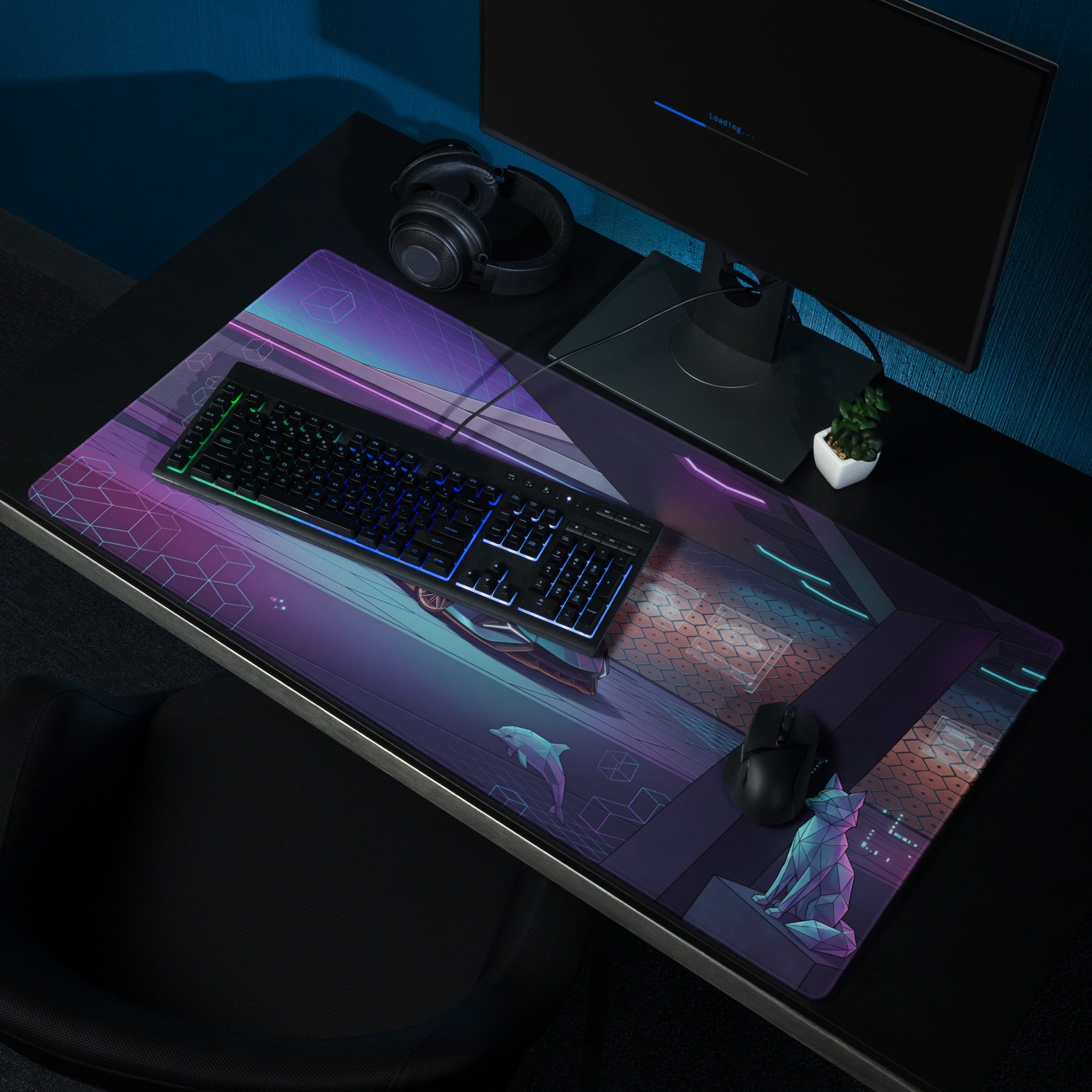 Lamborghini Sián Roadster Inspired Blue Purple Vaporwave Gaming Mouse Pad – Neon Futuristic Supercar Showroom Desk Mat with Synthwave Digital Artwork