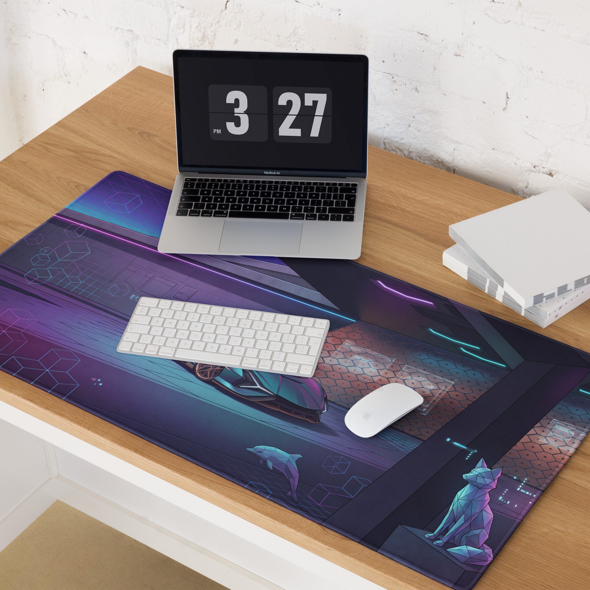 Lamborghini Sián Roadster Inspired Blue Purple Vaporwave Gaming Mouse Pad – Neon Futuristic Supercar Showroom Desk Mat with Synthwave Digital Artwork