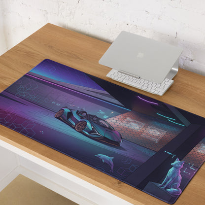 Lamborghini Sián Roadster Inspired Blue Purple Vaporwave Gaming Mouse Pad – Neon Futuristic Supercar Showroom Desk Mat with Synthwave Digital Artwork