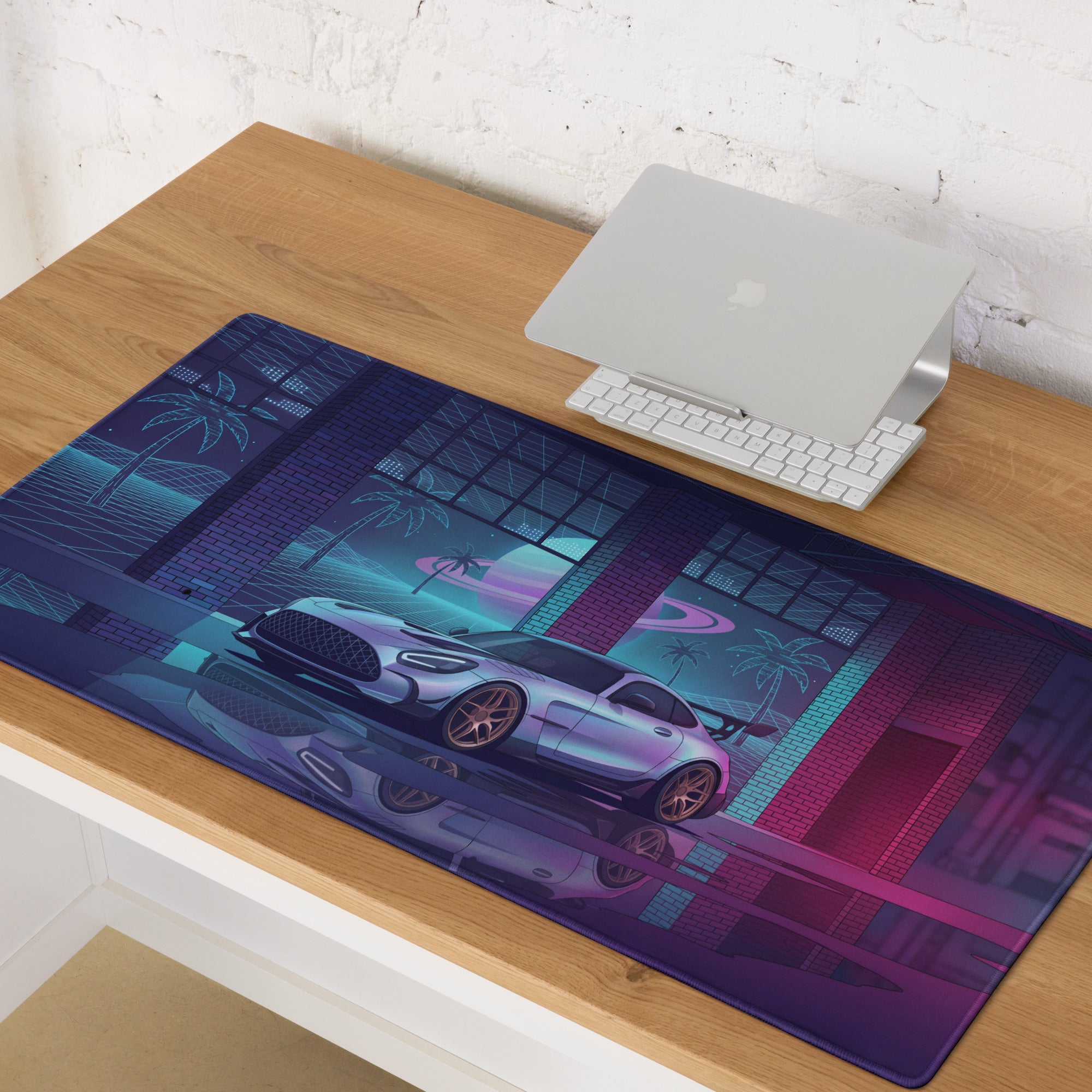 Mercedes-AMG GT Black Series Inspired Silver Pink Vaporwave Gaming Mouse Pad – Neon Retro Futuristic Garage Desk Mat with Synthwave Supercar Artwork