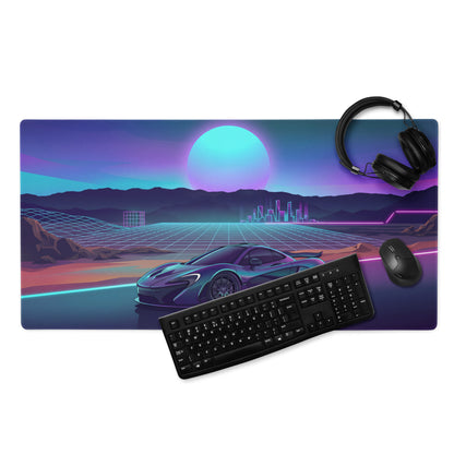 McLaren P1 Inspired Blue Purple Vaporwave Gaming Mouse Pad – Neon Sunset Supercar Desk Mat with Retro Futuristic Synthwave Desert Artwork