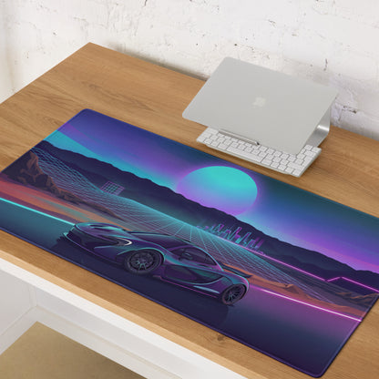 McLaren P1 Inspired Blue Purple Vaporwave Gaming Mouse Pad – Neon Sunset Supercar Desk Mat with Retro Futuristic Synthwave Desert Artwork
