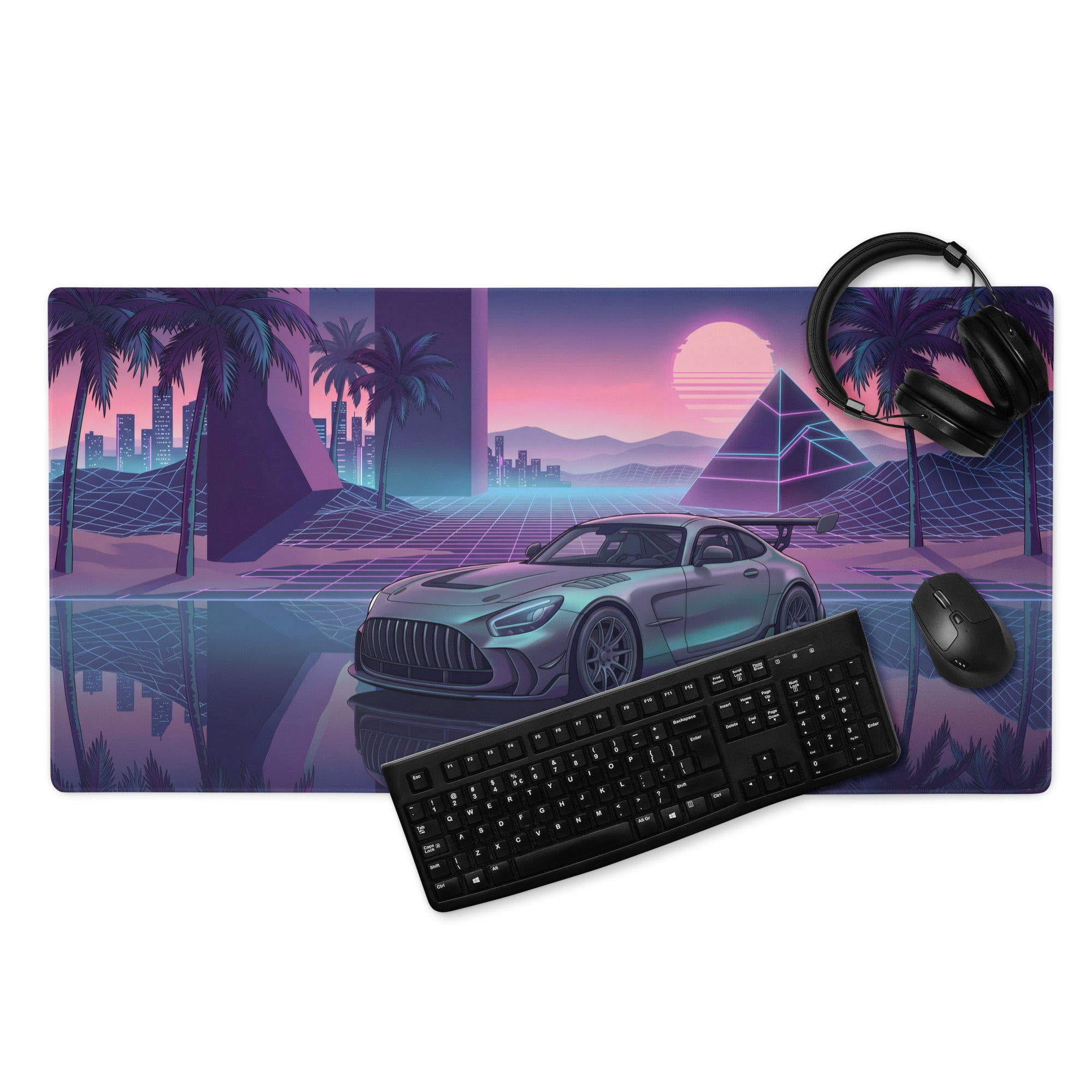 Mercedes-AMG GT Black Series Inspired Silver Purple Vaporwave Gaming Mouse Pad – Neon Sunset Supercar Desk Mat with Retro Futuristic Synthwave Art