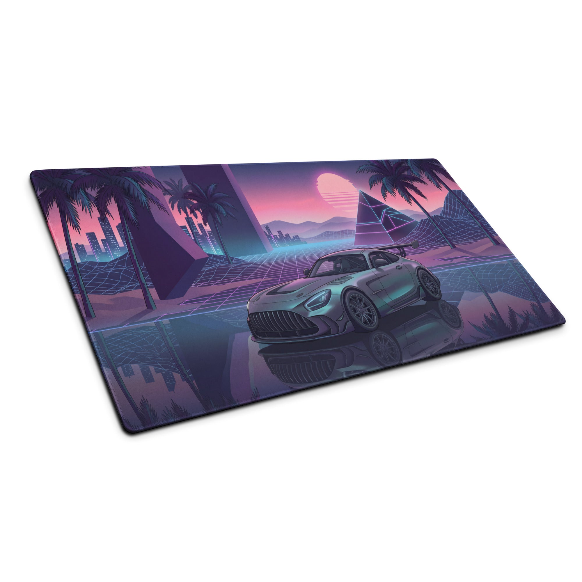 Mercedes-AMG GT Black Series Inspired Silver Purple Vaporwave Gaming Mouse Pad – Neon Sunset Supercar Desk Mat with Retro Futuristic Synthwave Art