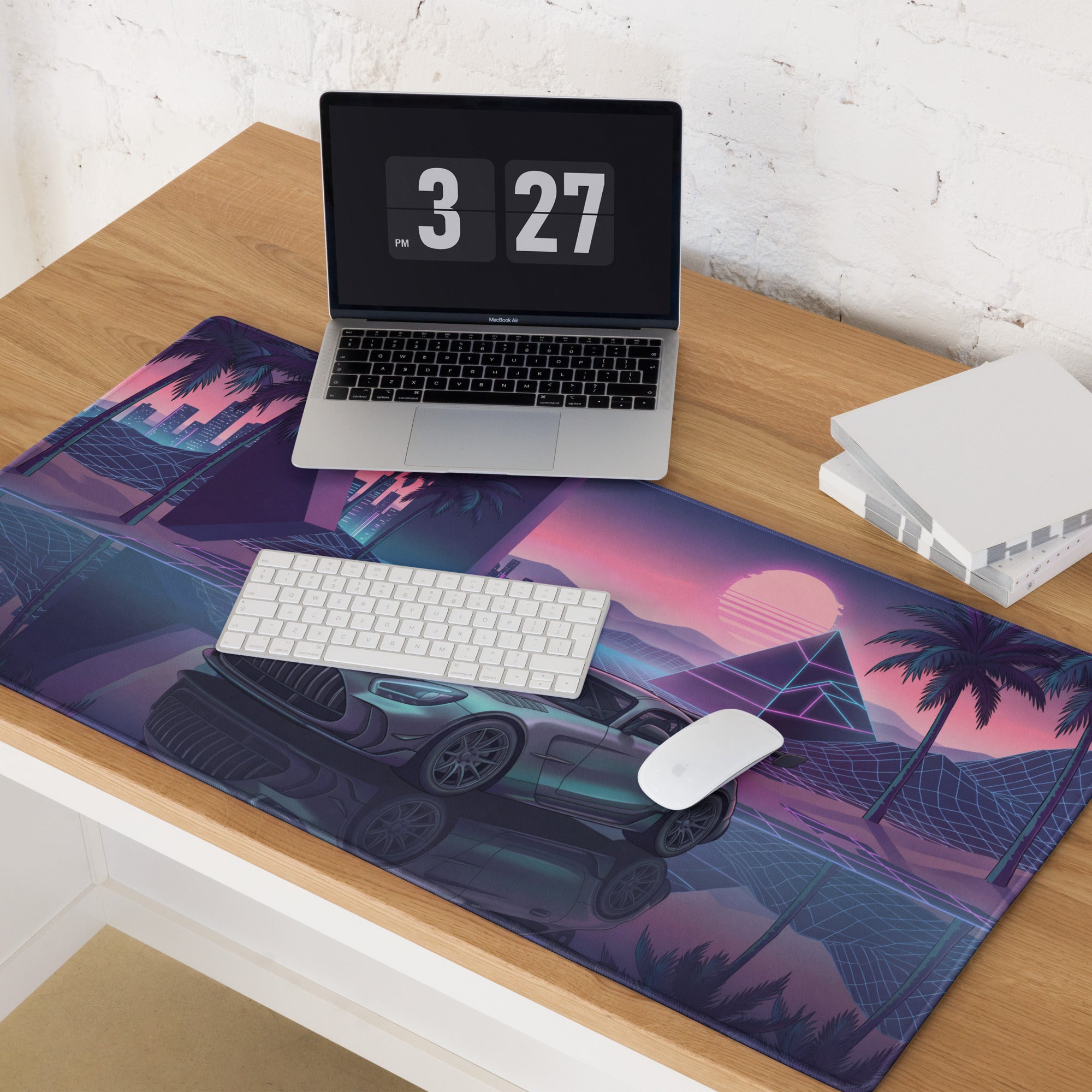 Mercedes-AMG GT Black Series Inspired Silver Purple Vaporwave Gaming Mouse Pad – Neon Sunset Supercar Desk Mat with Retro Futuristic Synthwave Art
