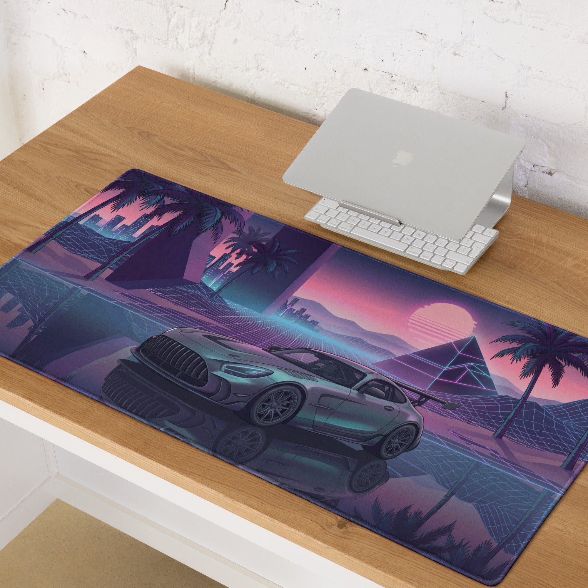 Mercedes-AMG GT Black Series Inspired Silver Purple Vaporwave Gaming Mouse Pad – Neon Sunset Supercar Desk Mat with Retro Futuristic Synthwave Art