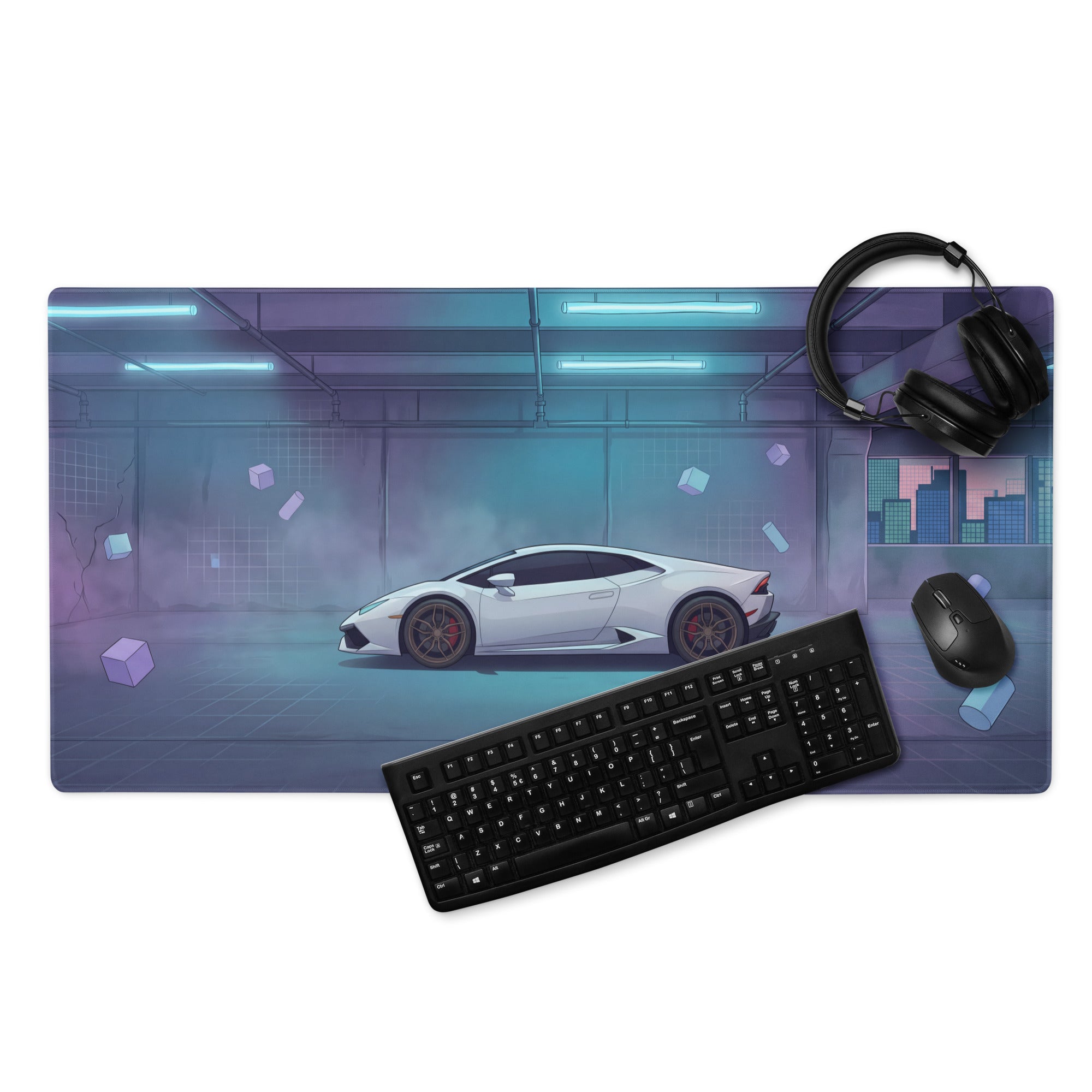 Lamborghini Huracán Inspired White Vaporwave Gaming Mouse Pad – Cyan Purple Neon Garage Desk Mat with Floating Geometric Shapes and Futuristic Supercar Art