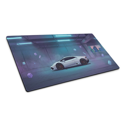 Lamborghini Huracán Inspired White Vaporwave Gaming Mouse Pad – Cyan Purple Neon Garage Desk Mat with Floating Geometric Shapes and Futuristic Supercar Art