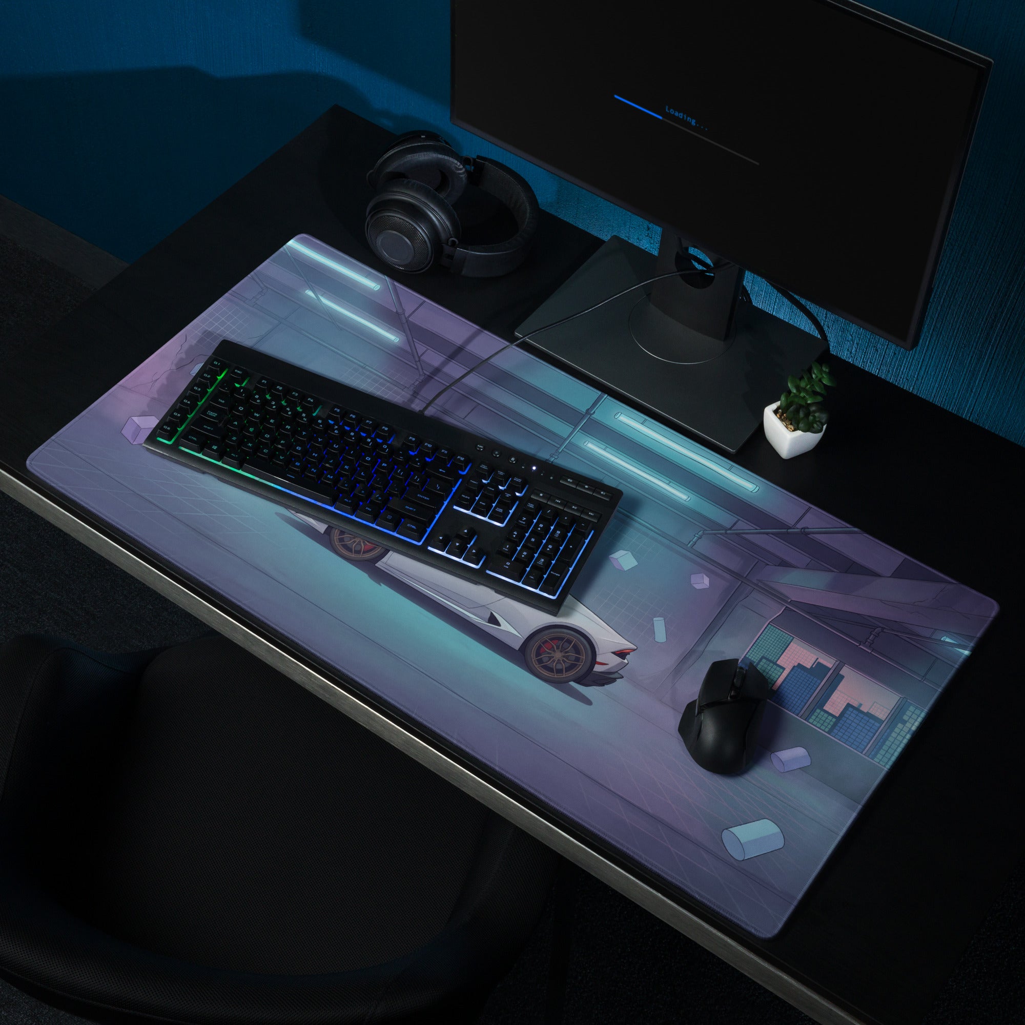 Lamborghini Huracán Inspired White Vaporwave Gaming Mouse Pad – Cyan Purple Neon Garage Desk Mat with Floating Geometric Shapes and Futuristic Supercar Art
