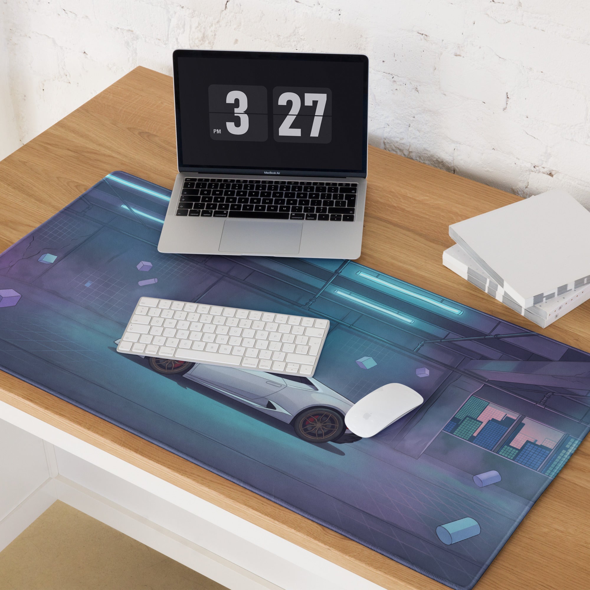 Lamborghini Huracán Inspired White Vaporwave Gaming Mouse Pad – Cyan Purple Neon Garage Desk Mat with Floating Geometric Shapes and Futuristic Supercar Art