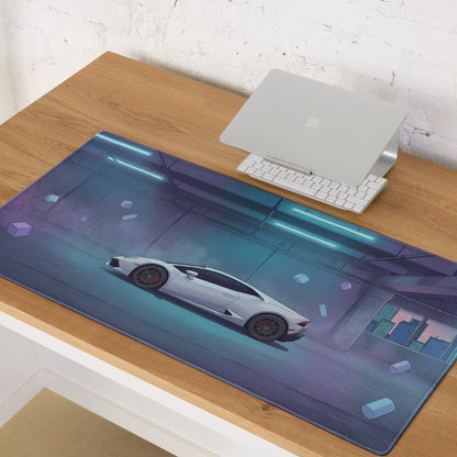 Lamborghini Huracán Inspired White Vaporwave Gaming Mouse Pad – Cyan Purple Neon Garage Desk Mat with Floating Geometric Shapes and Futuristic Supercar Art