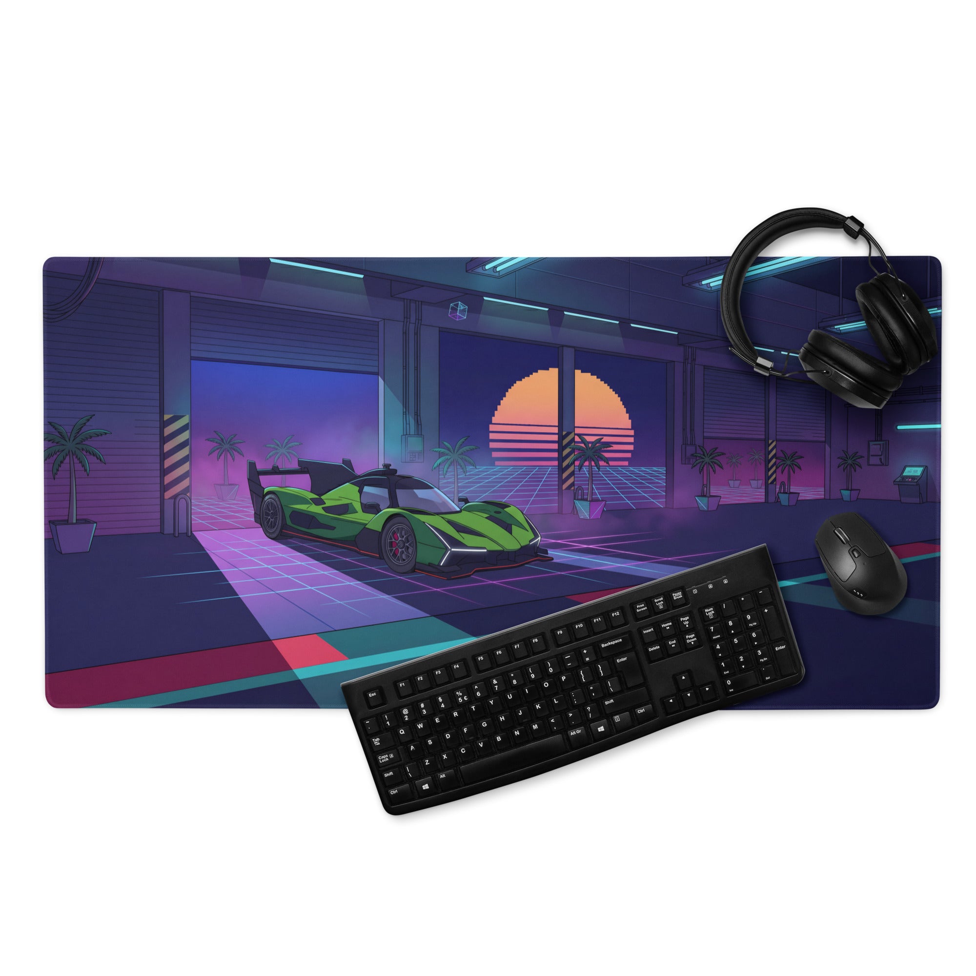 Lamborghini SC63 Inspired Green Vaporwave Gaming Mouse Pad – Neon Sunset Garage Desk Mat with Palm Trees and Retro Futuristic Race Car Art