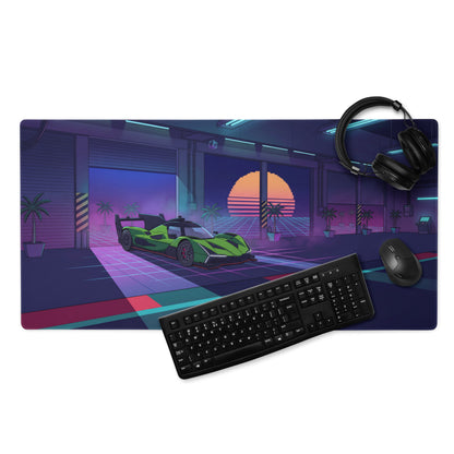 Lamborghini SC63 Inspired Green Vaporwave Gaming Mouse Pad – Neon Sunset Garage Desk Mat with Palm Trees and Retro Futuristic Race Car Art