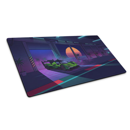 Lamborghini SC63 Inspired Green Vaporwave Gaming Mouse Pad – Neon Sunset Garage Desk Mat with Palm Trees and Retro Futuristic Race Car Art