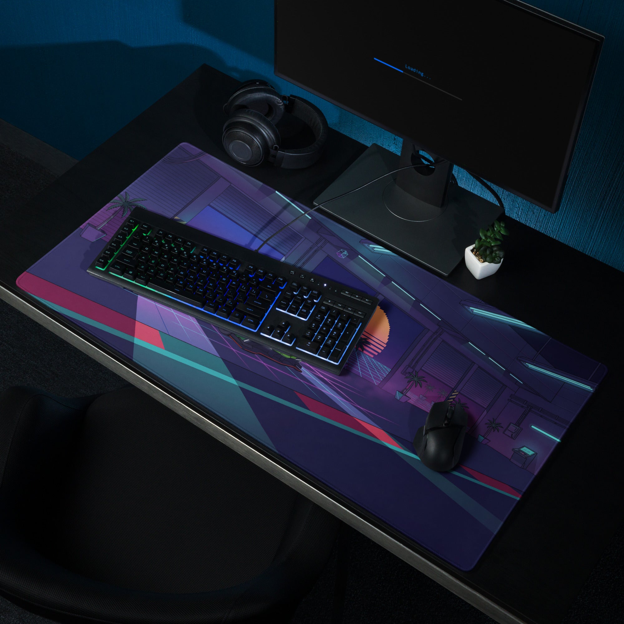 Lamborghini SC63 Inspired Green Vaporwave Gaming Mouse Pad – Neon Sunset Garage Desk Mat with Palm Trees and Retro Futuristic Race Car Art
