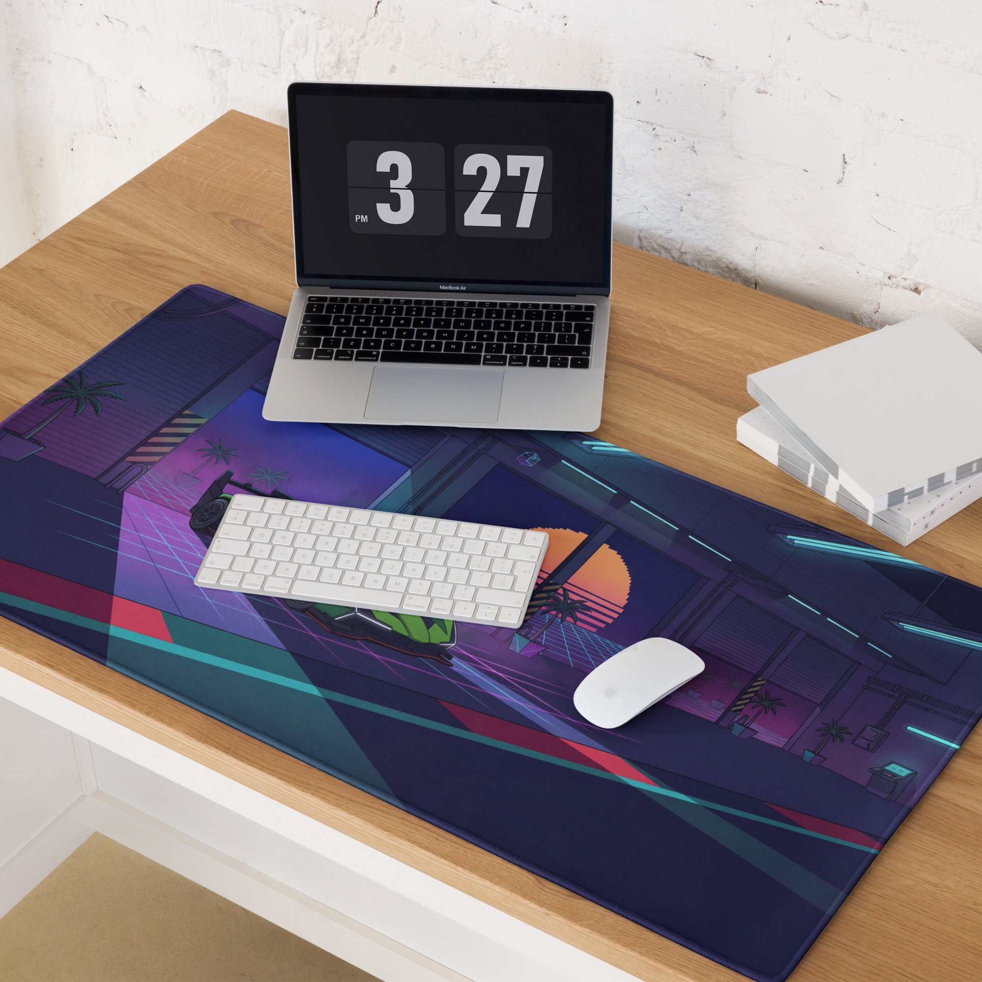 Lamborghini SC63 Inspired Green Vaporwave Gaming Mouse Pad – Neon Sunset Garage Desk Mat with Palm Trees and Retro Futuristic Race Car Art