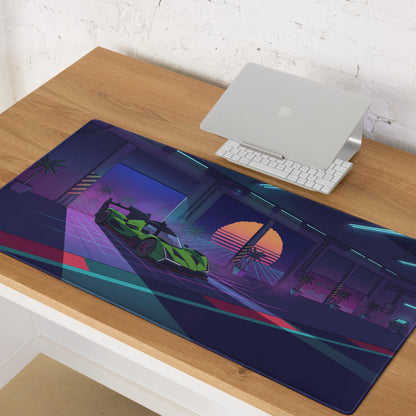 Lamborghini SC63 Inspired Green Vaporwave Gaming Mouse Pad – Neon Sunset Garage Desk Mat with Palm Trees and Retro Futuristic Race Car Art