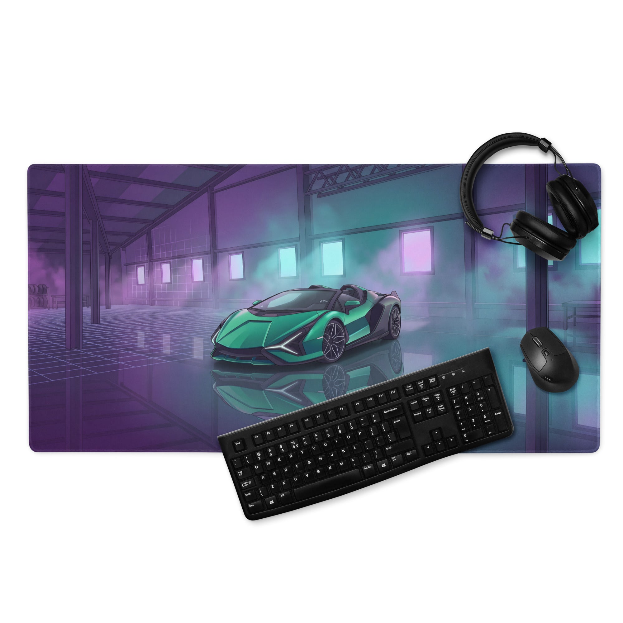 Lamborghini Sián Roadster Inspired Green Vaporwave Gaming Mouse Pad – Cyan Purple Neon Garage Desk Mat with Futuristic Supercar Digital Art