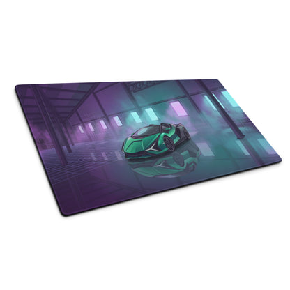 Lamborghini Sián Roadster Inspired Green Vaporwave Gaming Mouse Pad – Cyan Purple Neon Garage Desk Mat with Futuristic Supercar Digital Art