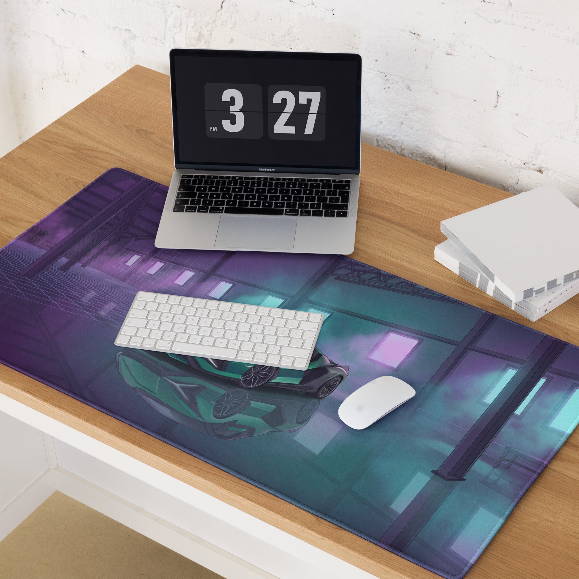 Lamborghini Sián Roadster Inspired Green Vaporwave Gaming Mouse Pad – Cyan Purple Neon Garage Desk Mat with Futuristic Supercar Digital Art