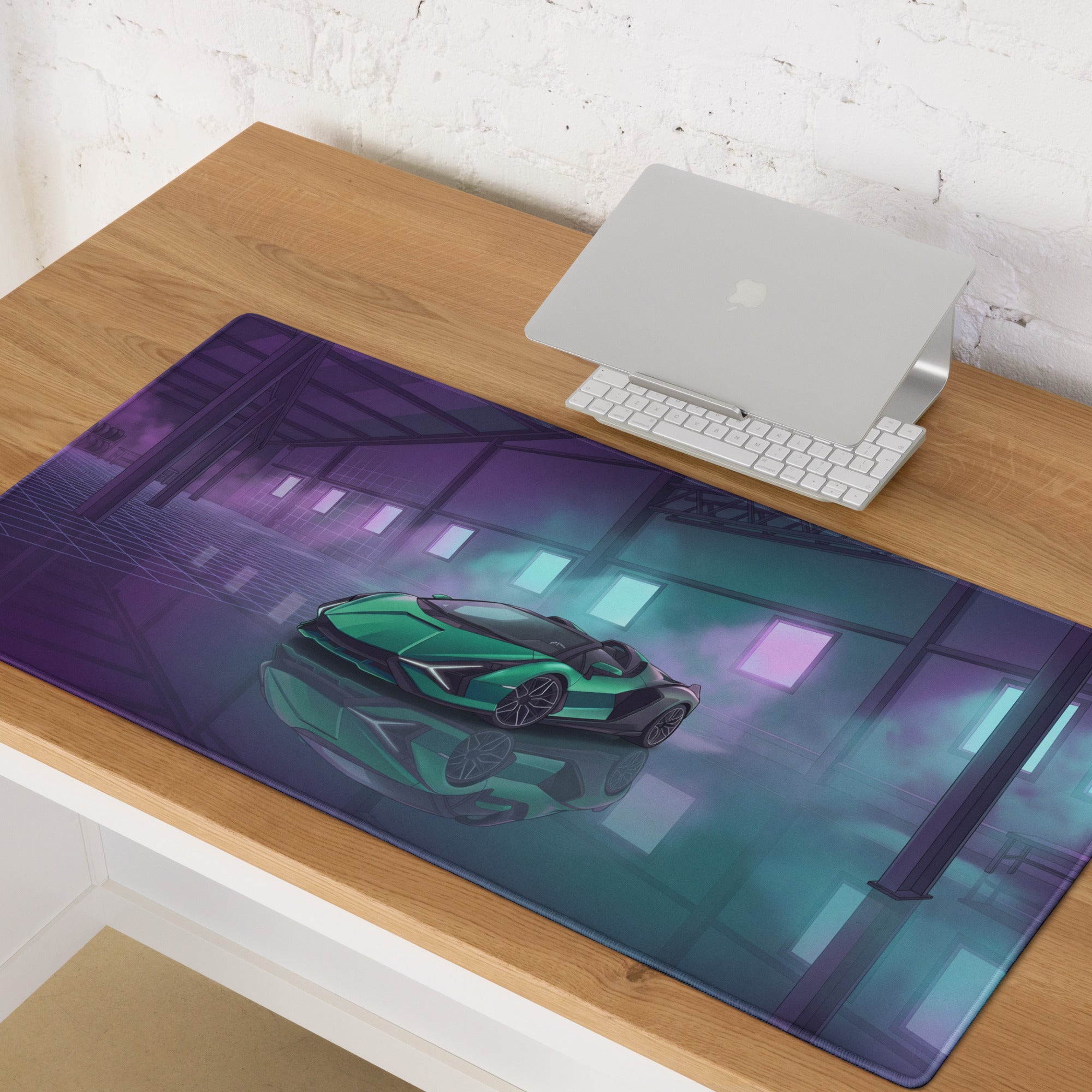 Lamborghini Sián Roadster Inspired Green Vaporwave Gaming Mouse Pad – Cyan Purple Neon Garage Desk Mat with Futuristic Supercar Digital Art