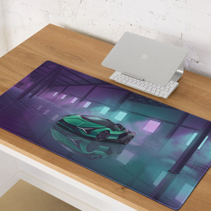 Lamborghini Sián Roadster Inspired Green Vaporwave Gaming Mouse Pad – Cyan Purple Neon Garage Desk Mat with Futuristic Supercar Digital Art