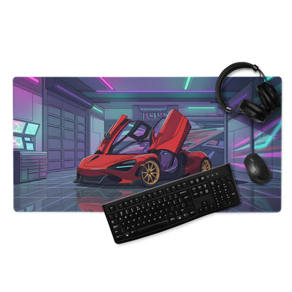 McLaren 765LT Spider Inspired Red Vaporwave Gaming Mouse Pad – Neon Cyberpunk Garage Desk Mat with Gold Wheels and Futuristic Supercar Digital Art