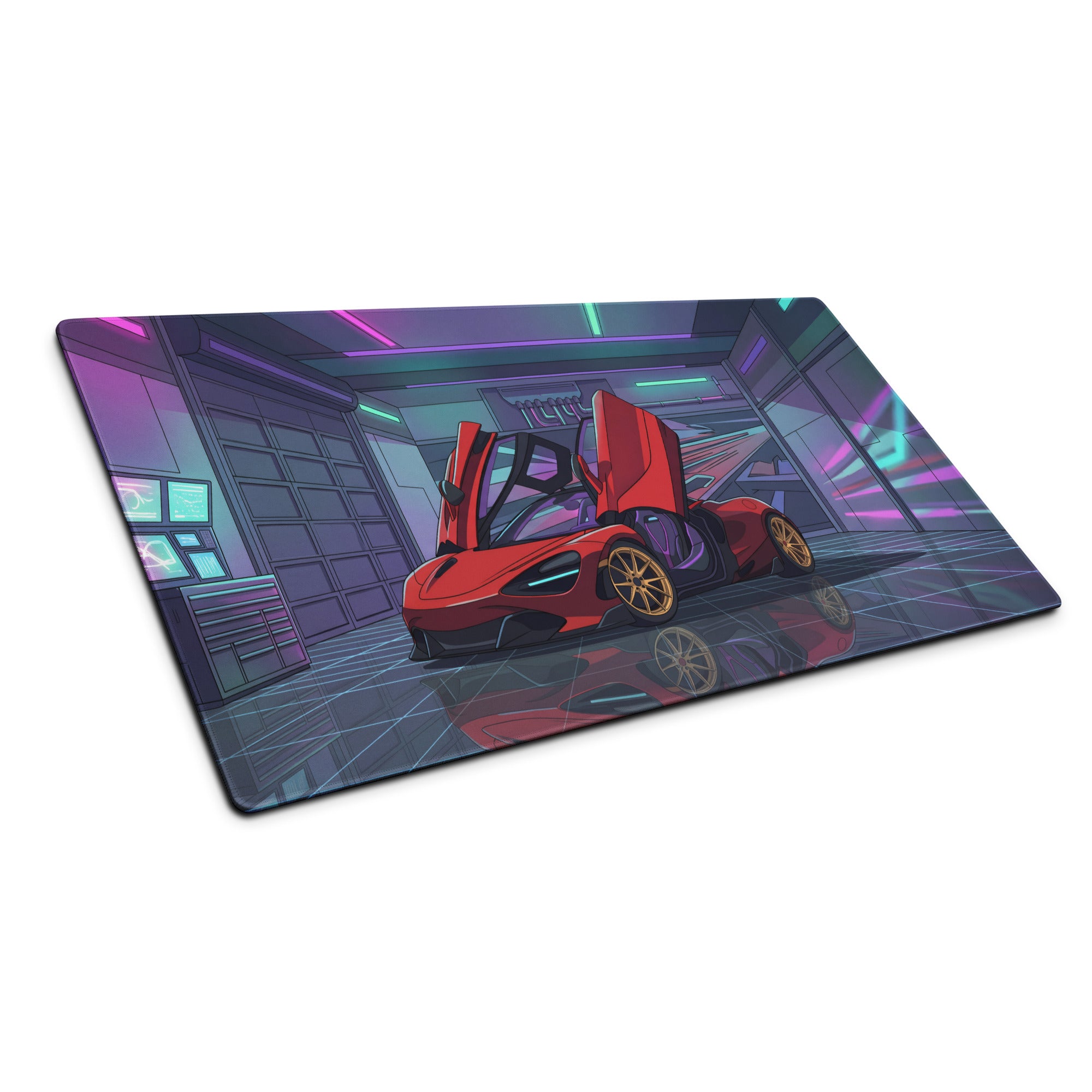 McLaren 765LT Spider Inspired Red Vaporwave Gaming Mouse Pad – Neon Cyberpunk Garage Desk Mat with Gold Wheels and Futuristic Supercar Digital Art