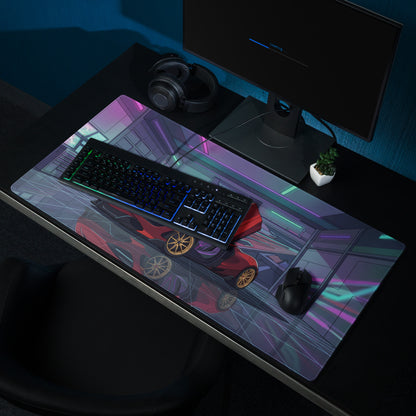McLaren 765LT Spider Inspired Red Vaporwave Gaming Mouse Pad – Neon Cyberpunk Garage Desk Mat with Gold Wheels and Futuristic Supercar Digital Art