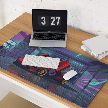 McLaren 765LT Spider Inspired Red Vaporwave Gaming Mouse Pad – Neon Cyberpunk Garage Desk Mat with Gold Wheels and Futuristic Supercar Digital Art