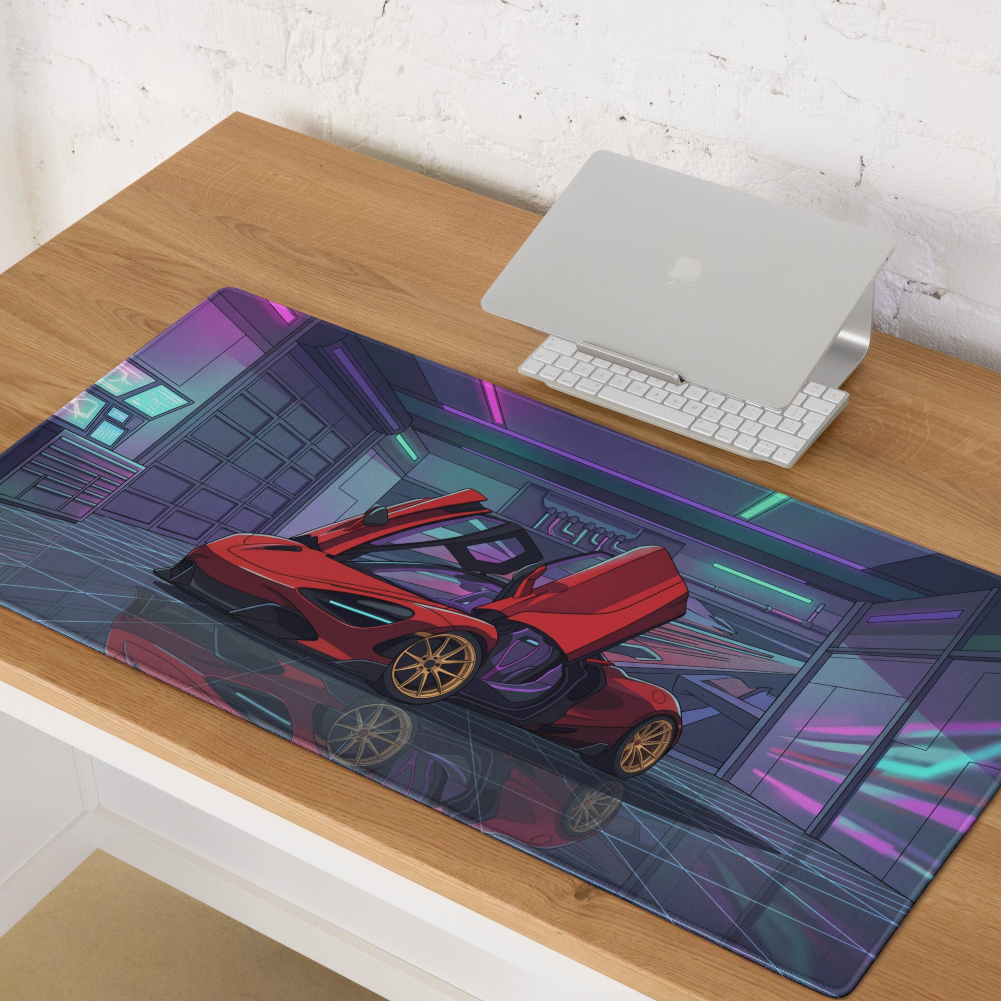 McLaren 765LT Spider Inspired Red Vaporwave Gaming Mouse Pad – Neon Cyberpunk Garage Desk Mat with Gold Wheels and Futuristic Supercar Digital Art