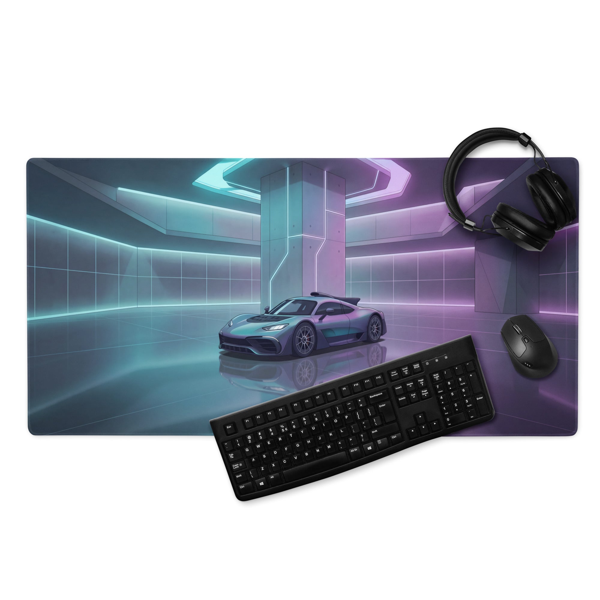 Mercedes-AMG One Inspired Silver Vaporwave Gaming Mouse Pad – Cyan Purple Neon Futuristic Garage Desk Mat with Sleek Sci-Fi Hypercar Digital Art